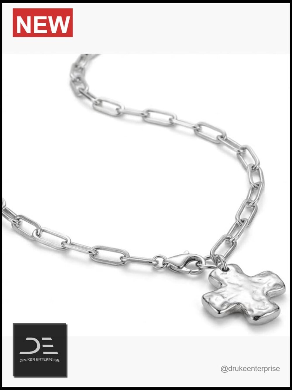 Hammered Cross Pendant Paperclip Chain Necklace for Women Silver Plated